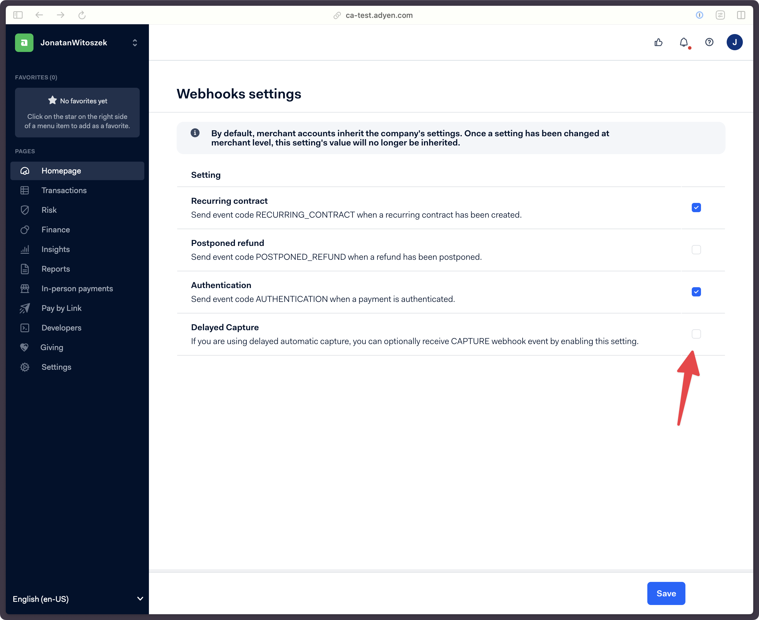 Adyen dashboard webhook settings page, where Delayed Capture setting is available, the checkbox is unchecked